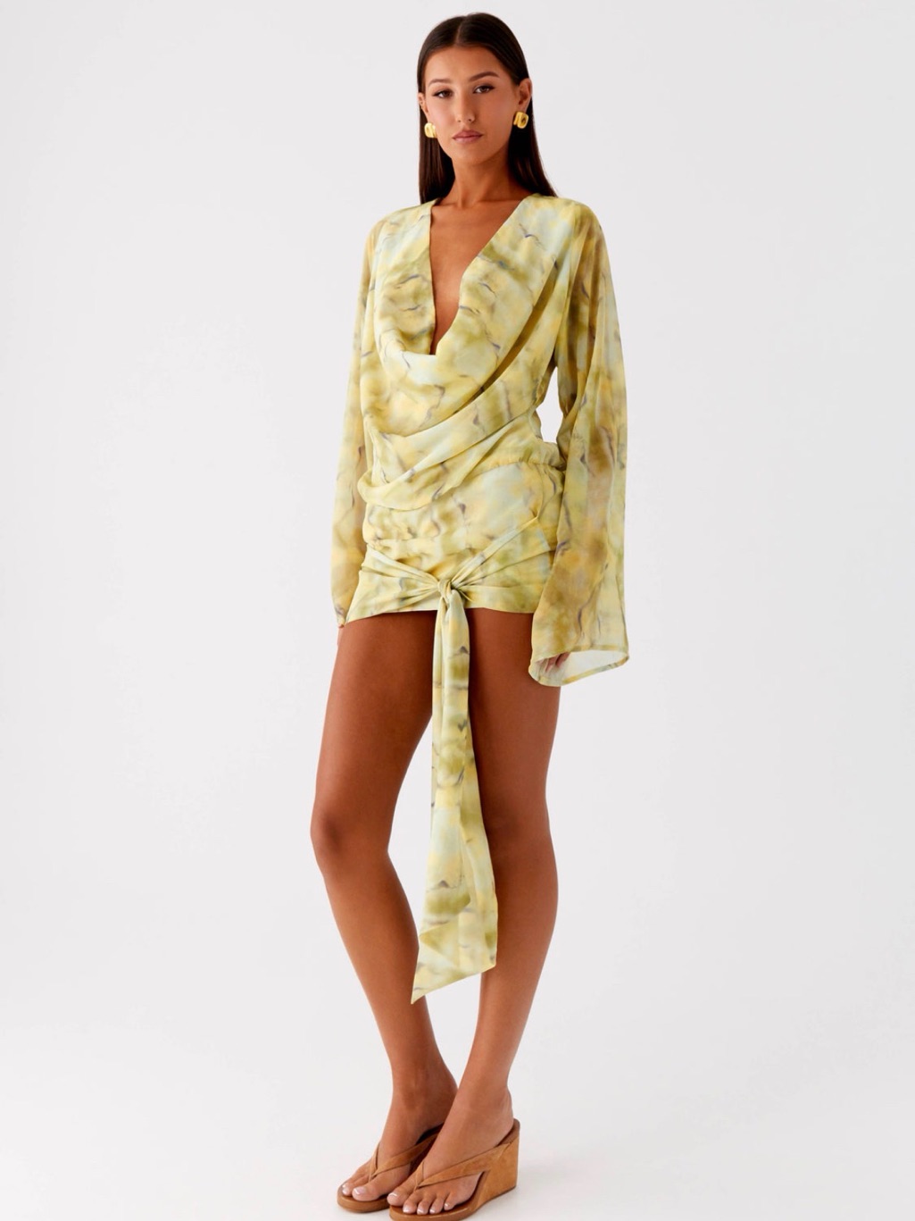 Peppermayo Yellow Tie-Front Drape Mini Dress